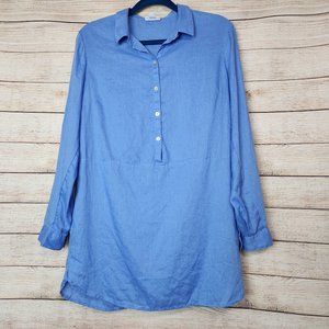 J Jill Navy Tunic Shirt Lagenlook 100% Linen Half Button Size Medium